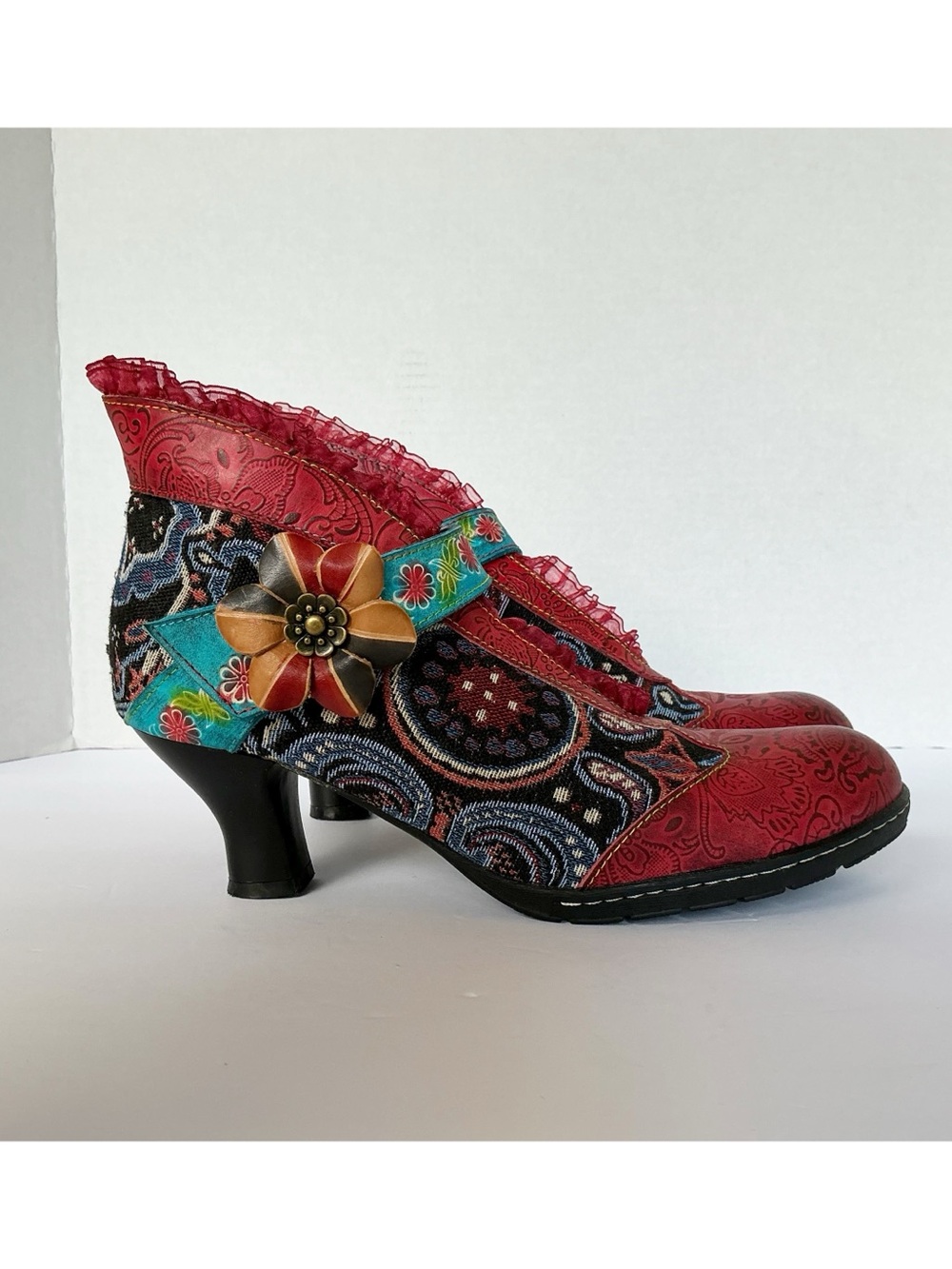 Socofy Floral Leather & Tapestry Ankle Bootie Pumps EU Size 41/US 10 - Picture 5 of 14